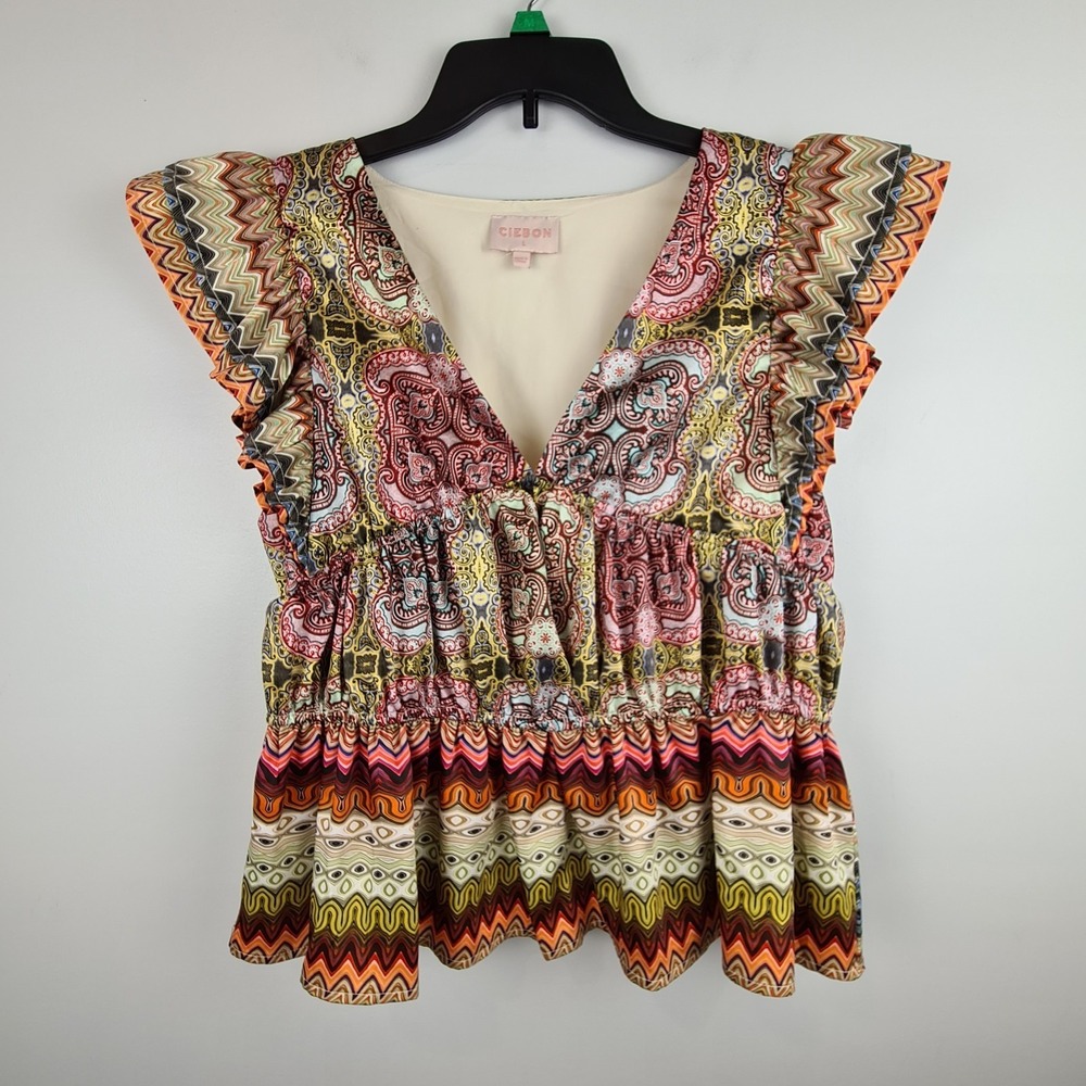 Ciebon "Juolie" Satin Shirred Waist Flutter Top Large Colorful‎ Lined V-Neck